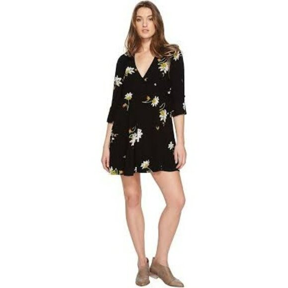 Free People Black Floral V-Neck Dress Bell Sleeves Boho Cottage Core Feminine - Picture 1 of 13